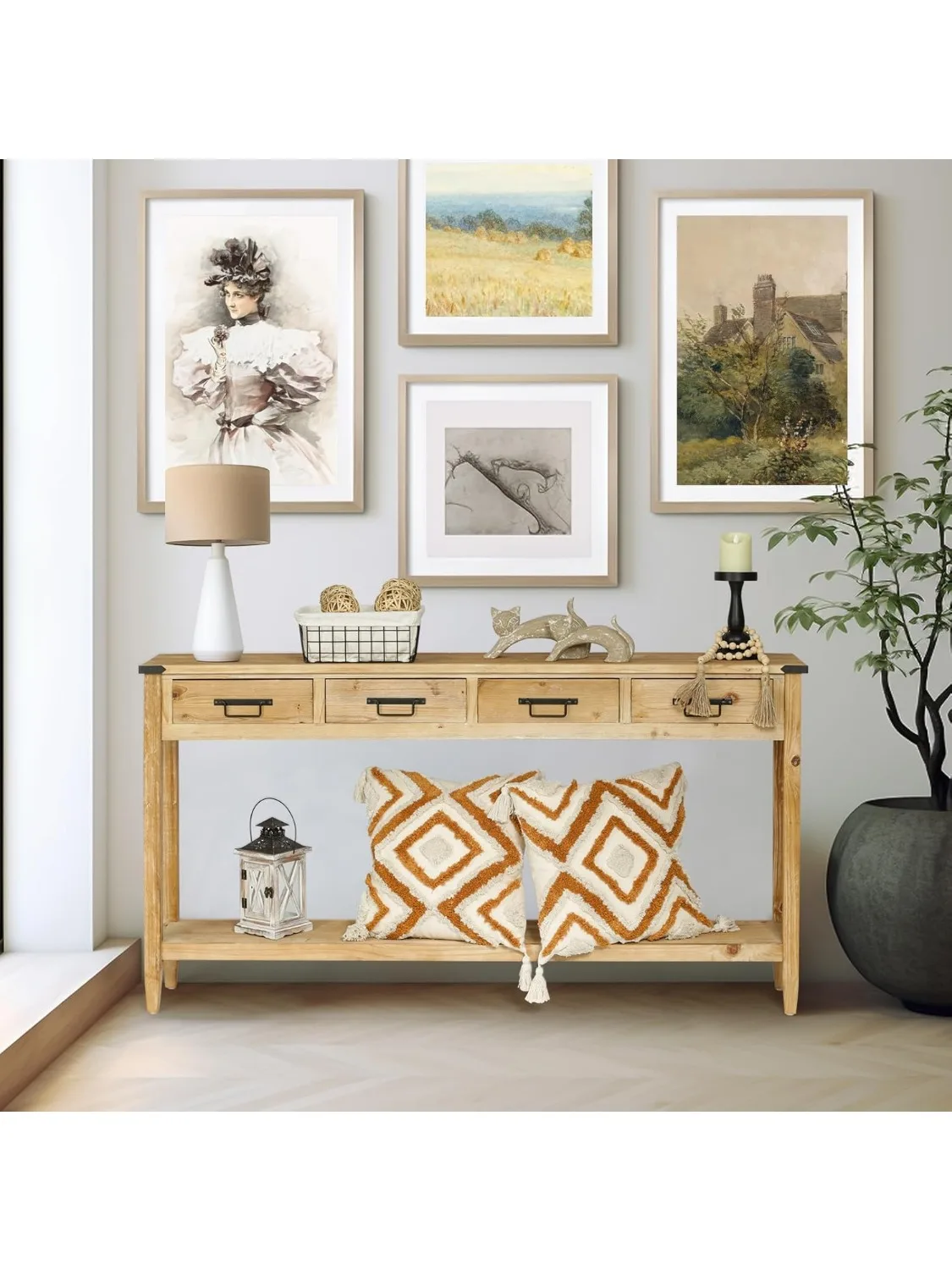 

Farmhouse Console Table with 4 Drawer, 60" Long Rustic Entryway Table with Open Storage Shelves and Handmade Metal Handle