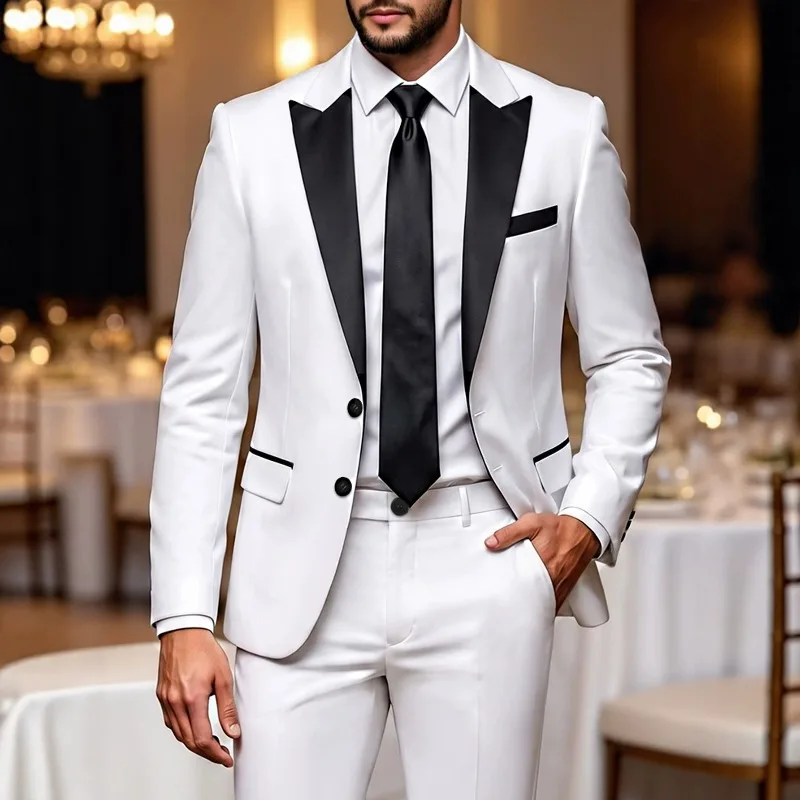 KIDWHXR Men 2-piece Suit Set Slim Contrast Color Blazer Man Straight-leg Pant Male Wedding Groom Office Breathable Casual Outfit