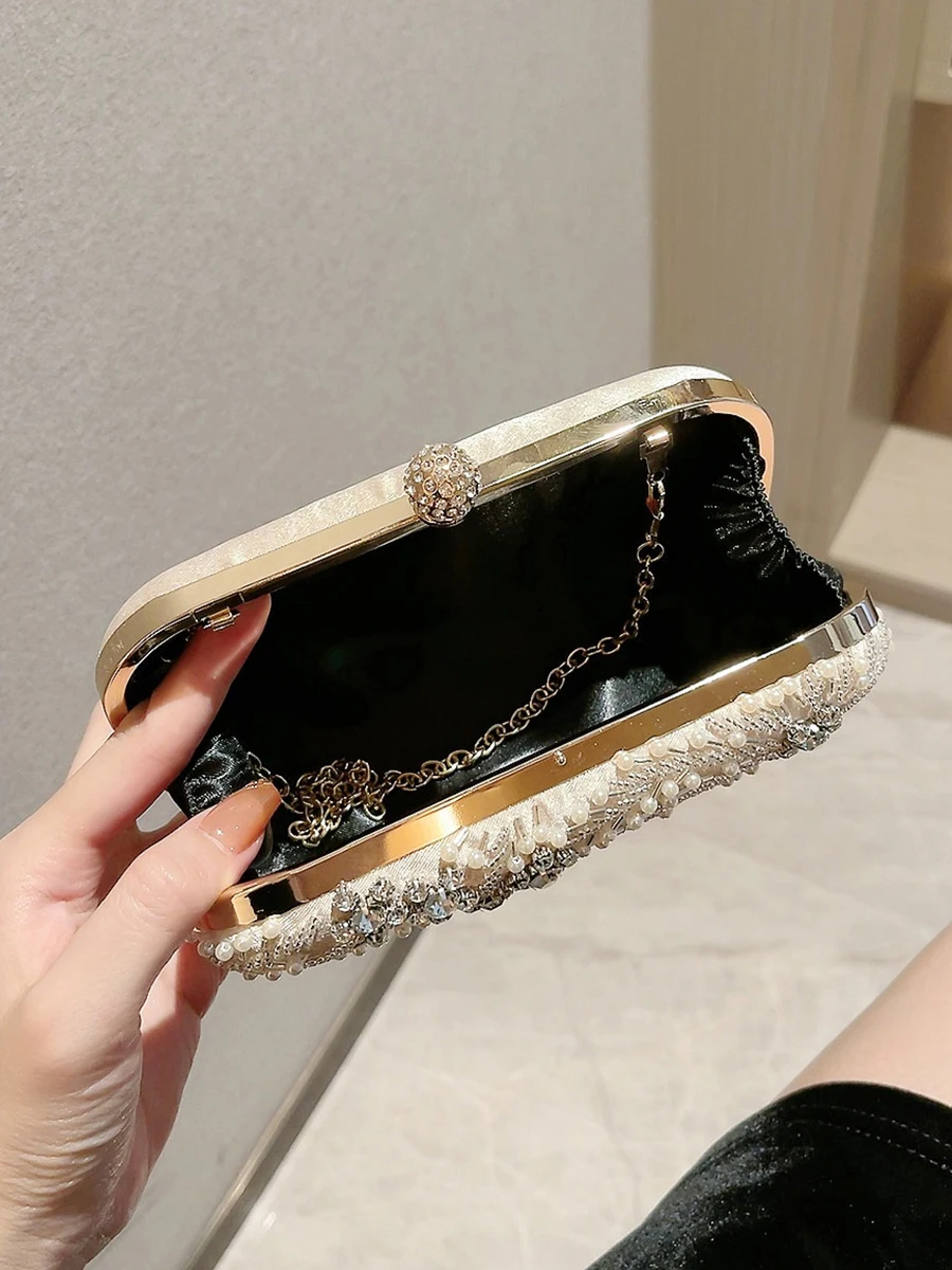 Faux Pearl & Diamond Kiss Lock Clutch Bag, Party Bag, Metal Chain Cocktail Handbag