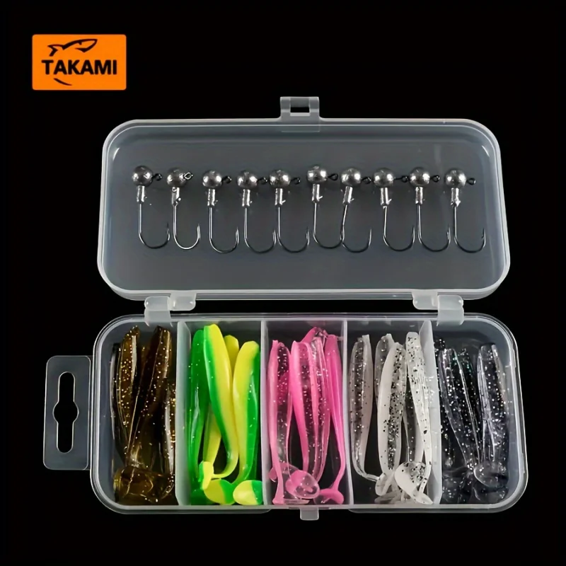 Kit de 35 Señuelos de Pesca Suaves con 10 Anzuelos Jig Head y 25 Colas en T de Dos Colores, Silicona Suave y Plástico Colorido