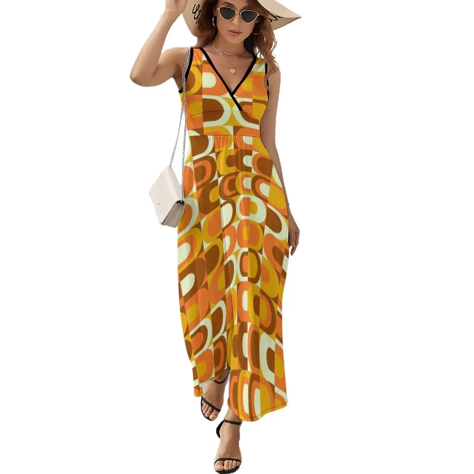 

70s Pattern Retro Inustrial in Orange and Brown Tones Sleeveless Dress festival outfit women dresses summer woman 2024