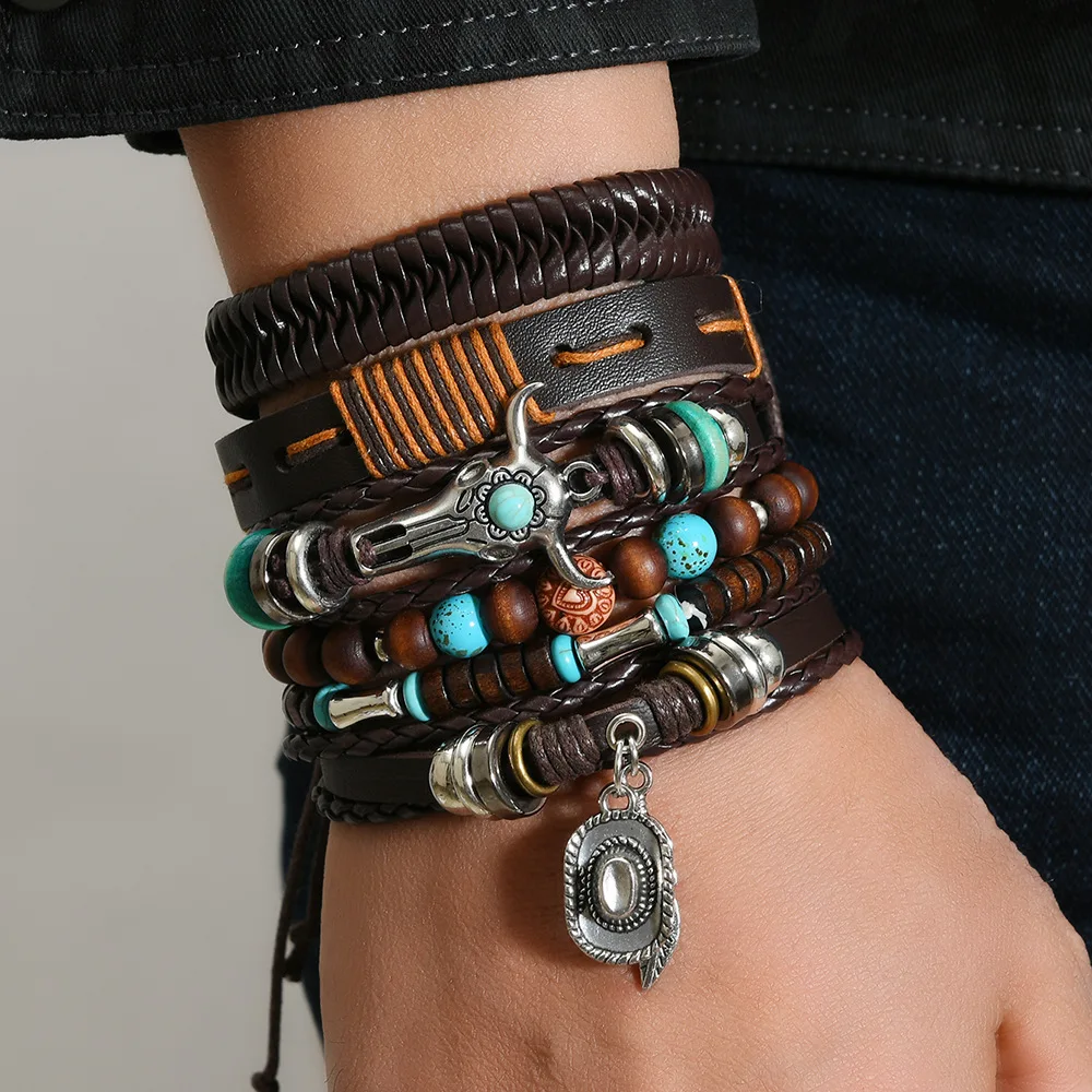 Vintage Feder Casual 6 Teil/satz Baum Handgemachte Männer Armbänder Männliche Frauen Leder Armbänder Männer Armreif Großhandel Schmuck Geschenk – Detail 7