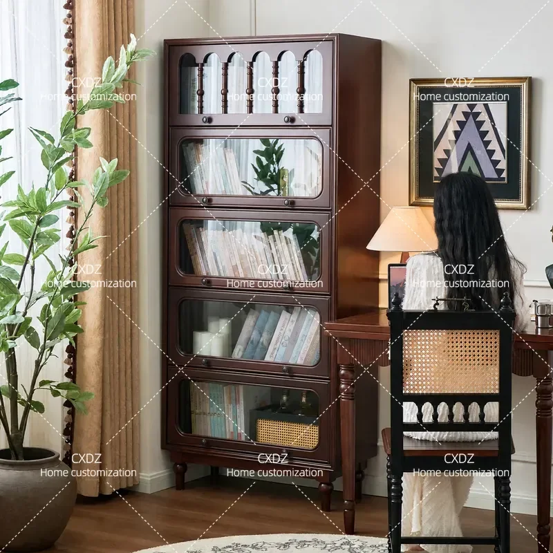 Solid Wood Walnut Bookcase Living Room Display Cabinet Wall Mounted Storage Shelf Integrated Combination Unit Home Furniture