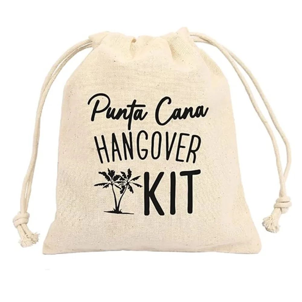 Set of 10 Funny Hangover Cotton Muslin Drawstring kit Bags - And So The Adventure Begins Bachelorette Hangover Survival Recovery