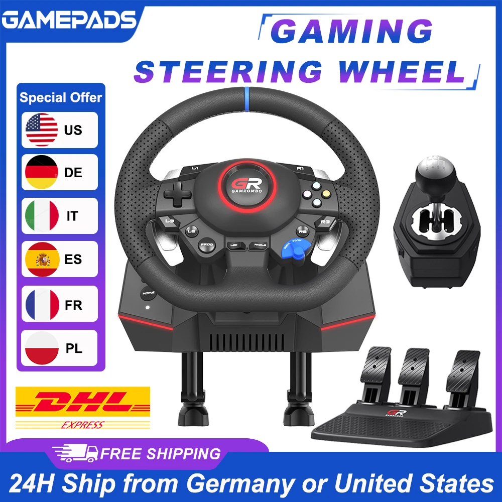 Gaming-Lenkrad für PS5/PS4/PC 270 ° &900 °   RGB-Simulator-Rennlenkrad Volante mit Makro-Vibration, Hall-Sensor, 3 Pedalen und Schalthebel-Set