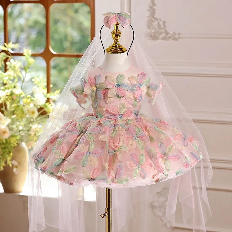 

Girl's Birthday Colorful Flowers Dress High End Piano Performance Round Neck Children Wedding Little Girl Puffy Dresses Costume