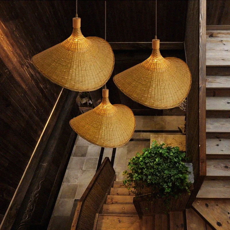 Handmake Weave Bamboo LED Pendant Light Ceiling Vintage Hanging Lamp Rattan Dining Room Restaurant Indoor Lighting Chandeliers