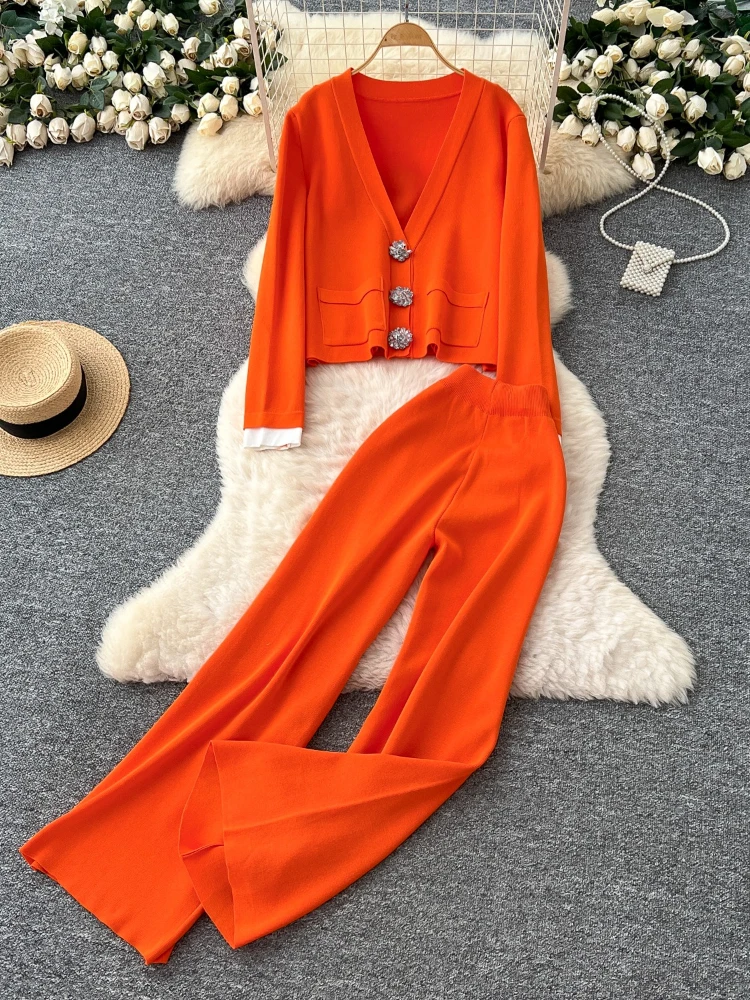 

Winter Knitwear Women Suits Long Sleeves Diamonds Buttons Tops+Casual Wide Legs Pants Loose Warm Sweater Sets