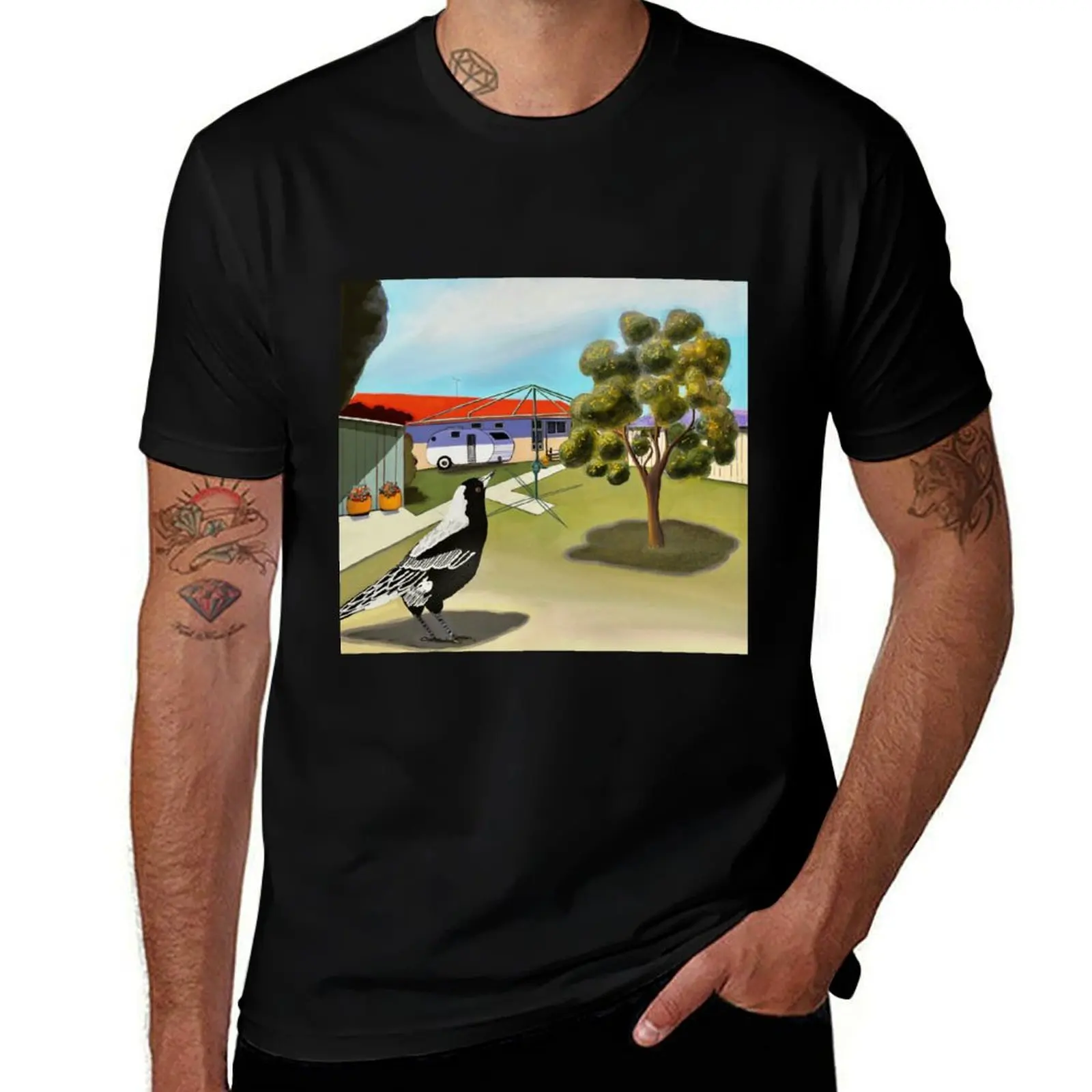 

Aussie Backyard (with Magpie) T-Shirt men t shirt cotton 100% t shirts with prints anime t shirts for man T-Shirt