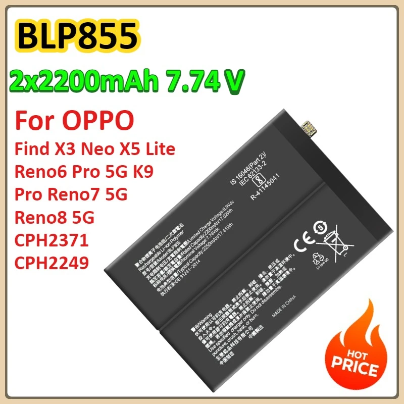 

BLP855 2x2200mAh For OPPO Find X3 Neo X5 Lite Reno6 Pro 5G K9 Pro Reno7 5G Reno8 5G CPH2371 CPH2249 Mobile Phone Battery
