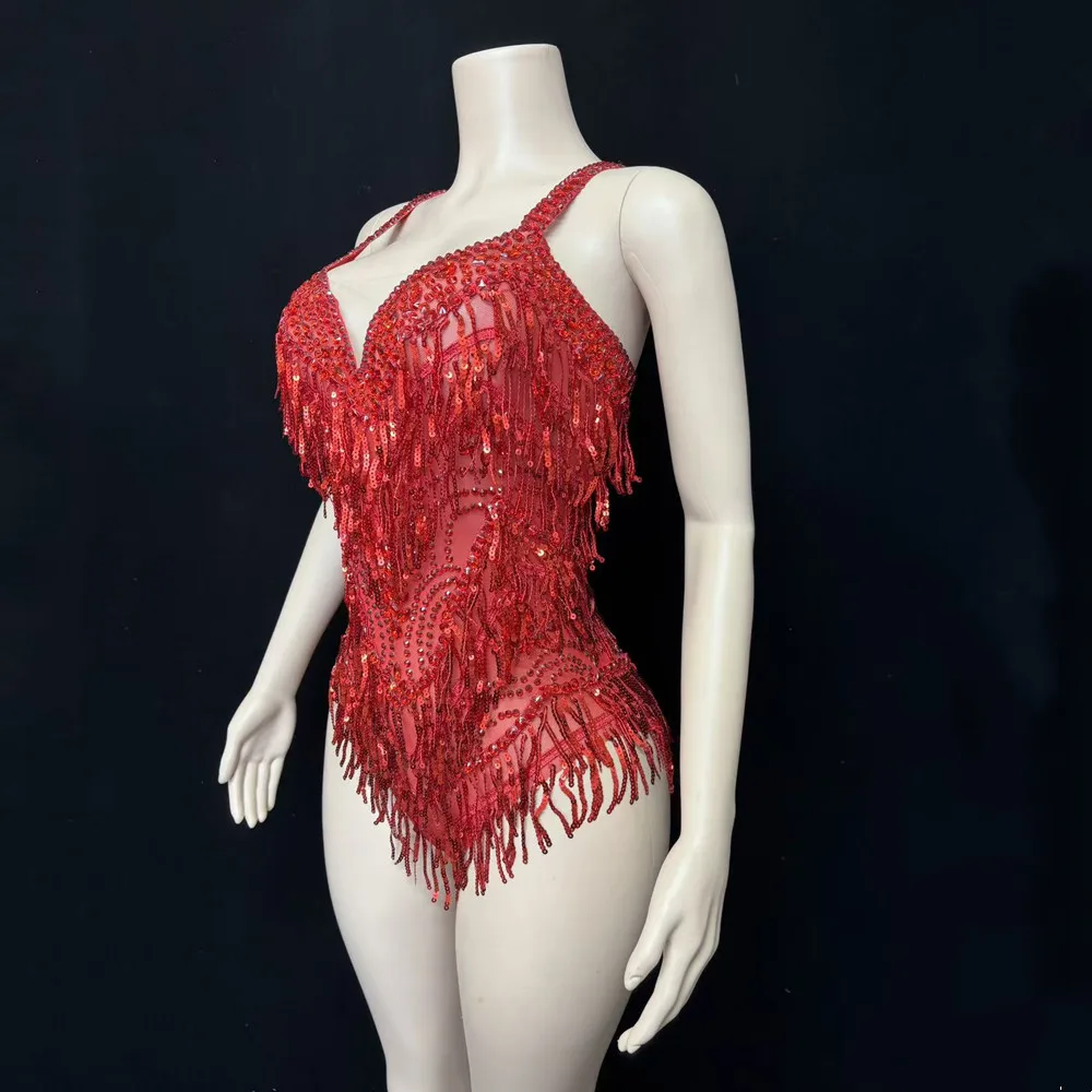 Rode pailletten kwastje bodysuit nachtclub vrouwen zanger podiumconcert strass turnpakje prestaties dans kostuum festival kleding