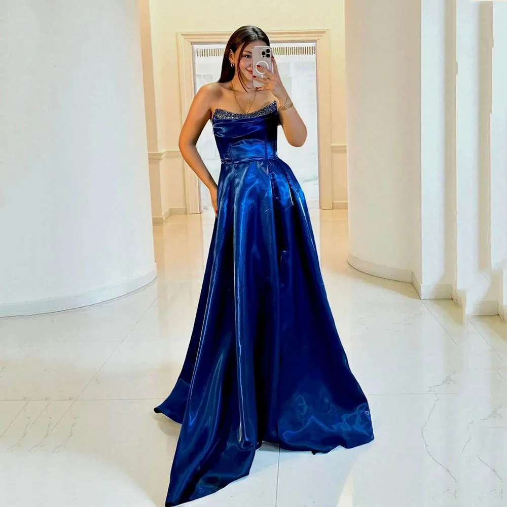 

Msikoods Blue Satin Straples Evening Dresses 2026 Beaded High Slit Corset Formal Gown Prom Dress Luxury Party Dress Customized