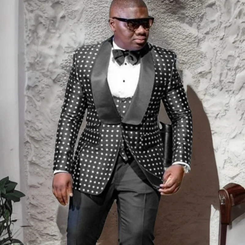 2024 Black White Dots Printed Groom Wedding Suit Set Slim Fit Formal Men Jacket Prom Dinner Suit Blazer Vest Pants 3 Pieces