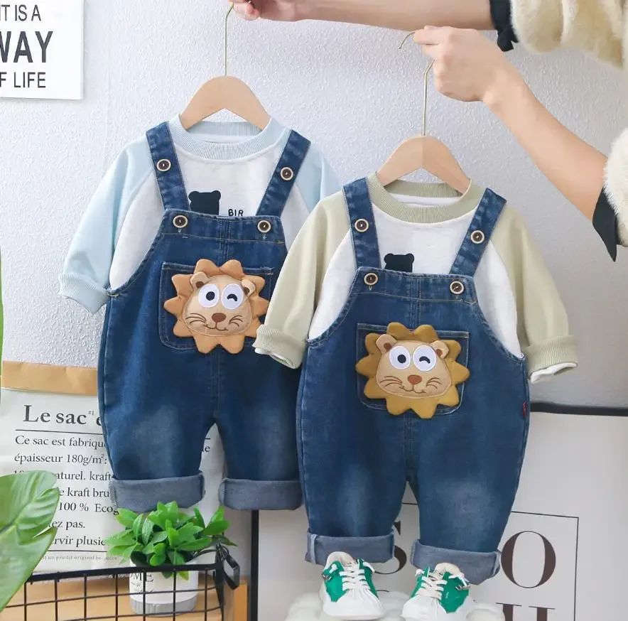 Baby Boys Spring Clothes Sets Koresn Style Lovely Cartoon Long Sleeve T-shirt And  Denim Overalls Two Piece Boy Boutique Outfits