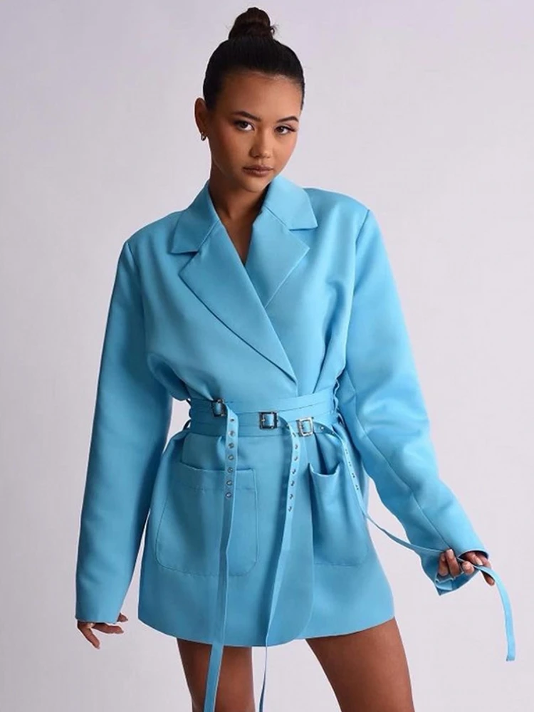 Blazer à lacets à manches longues pour femmes avec ceinture, combomoteur décontracté, chic, rue haute, automne, hiver, mode féminine, 2023