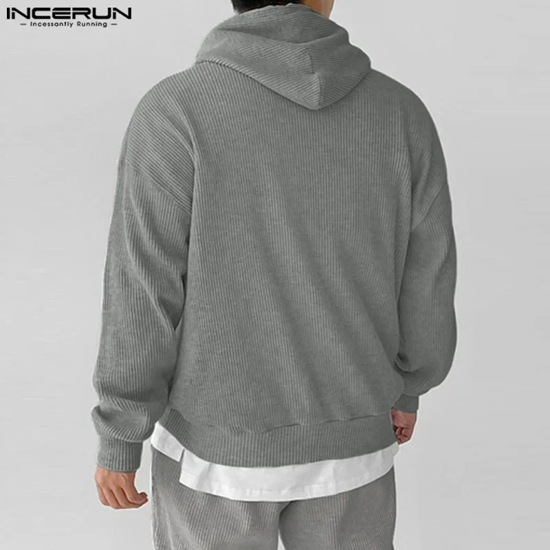 

INCERUN мужские толстовки с однотонным капюшоном и длинным рукавом на шнурке, свободные повседневные толстовки, мужская уличная одежда, осень 209, модные пуловеры