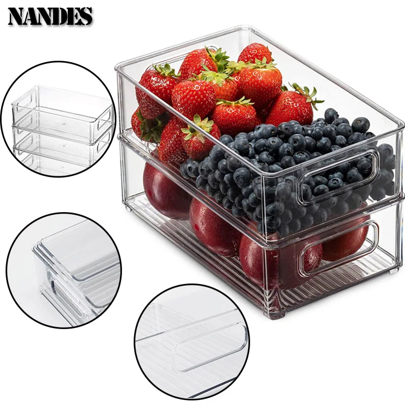 صناديق تنظيم الثلاجة، صندوق تخزين طعام الثلاجة قابل للتكديس مع مقبض، أداة تنظيم الفريزر البلاستيكية الشفافة #3