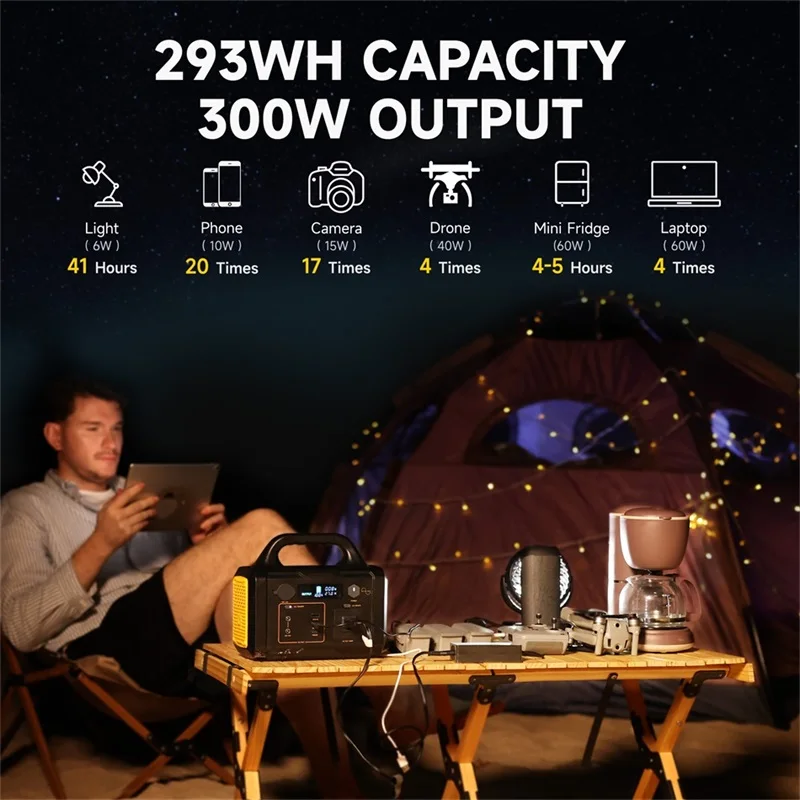 Générateur solaire de centrale électrique portable pour voyage, charge rapide, prises AC, ports CC, LED, 3 USB, 300W, 120V