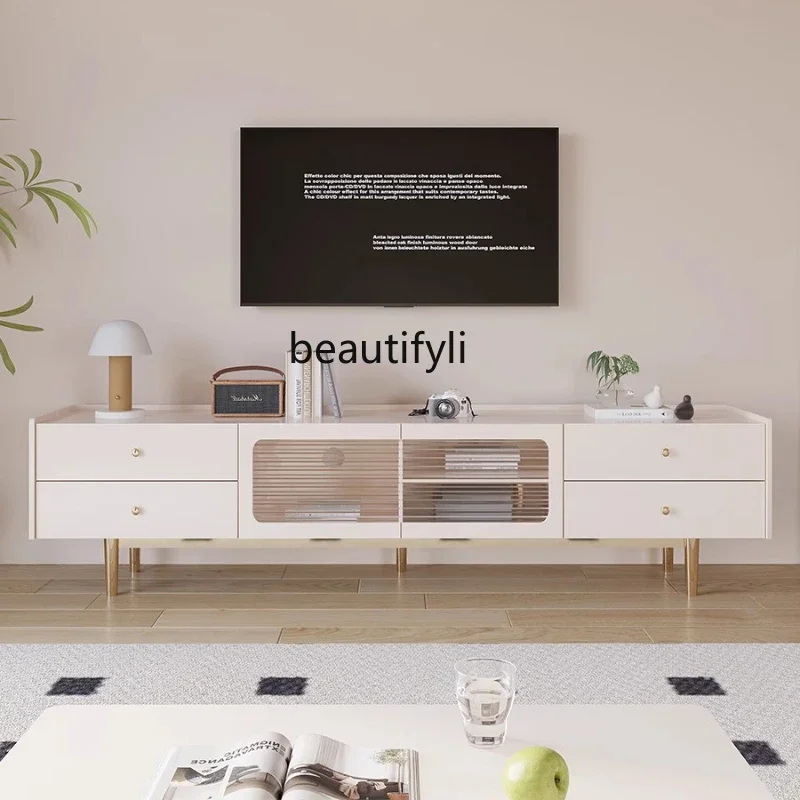 

Modern simple living room household small apartment light luxury cream wind floor rock slab coffee table TV cabinet solid wood