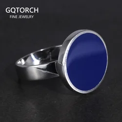 Genuine Solid 925 Sterling Silver Rings Cool Simple Plain Round Rings Turkish Blue Color Gel Minimalist Wedding Jewelry For Men