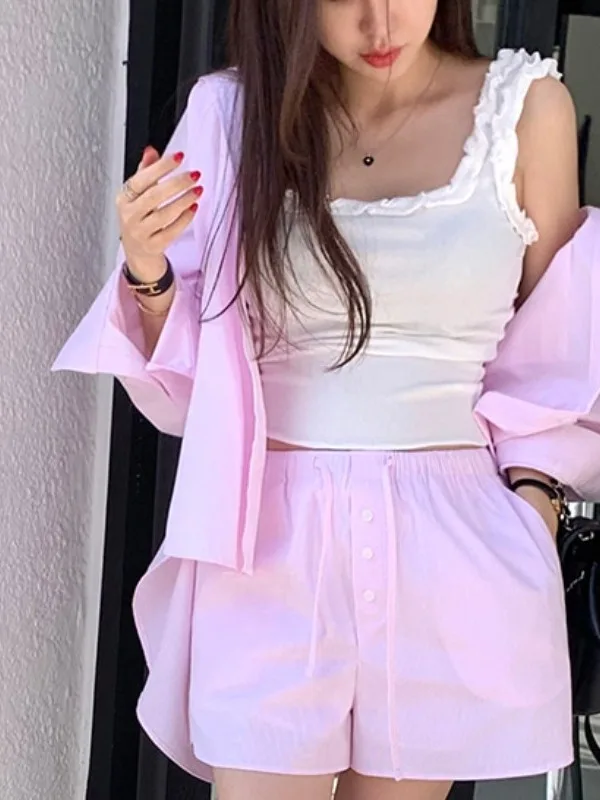 

Faionable корейский полосатый и женский комплект с высокой талией, повседневный весенний новый винтажный костюм из двух предметов для ленивого ветра