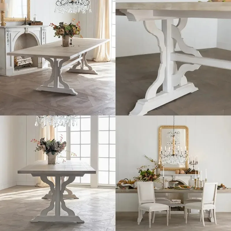 Retro Solid Wood Rectangular Dining Table French Style Conference Desk for Home Office Living Room Furniture