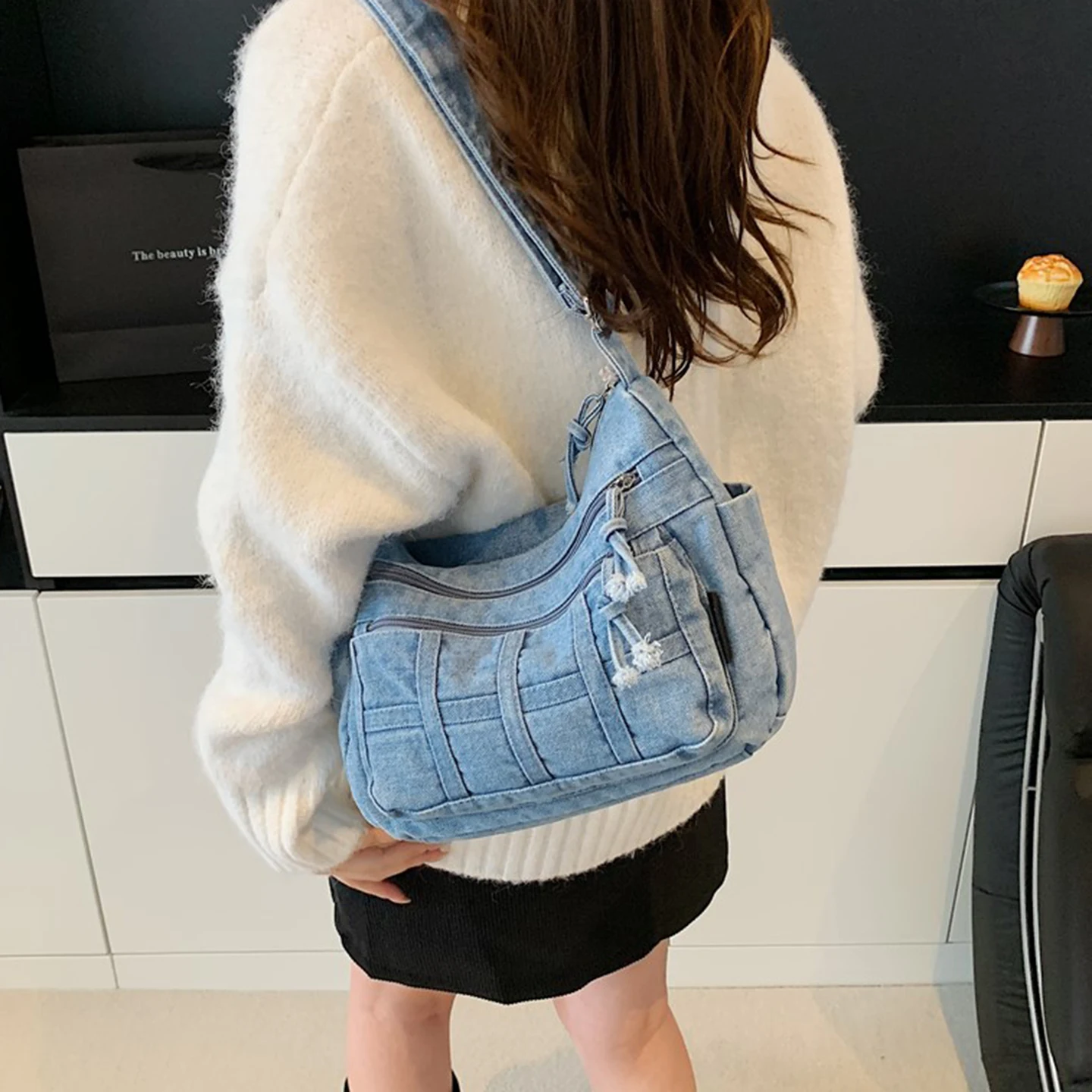 Fashionable Large Capacity Washed Denim Casual Commuter Single Shoulder Multi-Layer Crossbody Bag for Women Autumn Winter New...