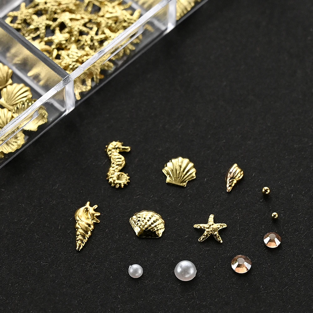 12Grids Ocean Gold Nail Art Charms Shell/Seahorse/Starfish White Half Round Pearl Gems 3D Mixed Punk Manicure Metal Rivets Studs - Image 4