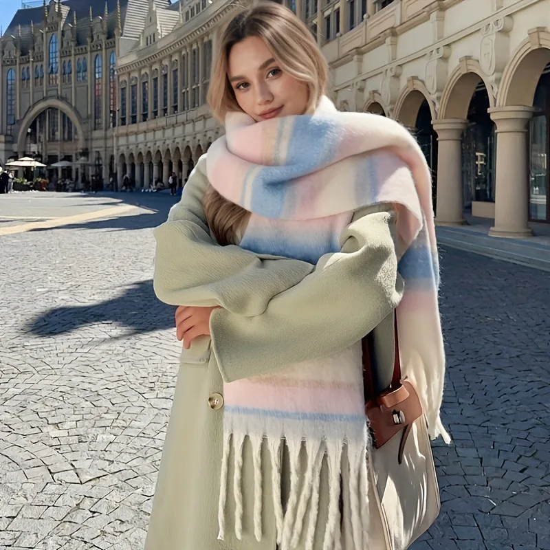 Striped Contrasting Plush Scarf Women'S, Thickened Warm Shawl, Autumn And Winter 2025 Trend Comfortable Winter Scarf