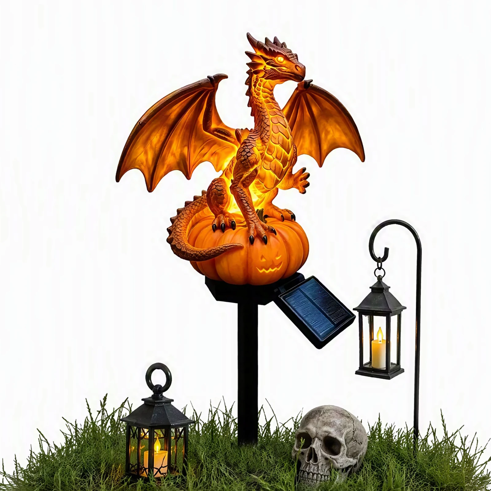 Dragon Solar Pumpkin Resin Stake Light Garden Animal Statue Outdoor Yard Night Lamp Fantasy