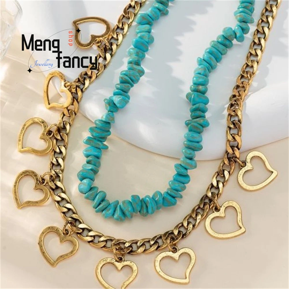 Design Sense Metal Heart-Shaped Round Ball Necklace, Unique And Trendy Hip-Hop Turquoise Necklace Set Fashion Jewelry Elegant