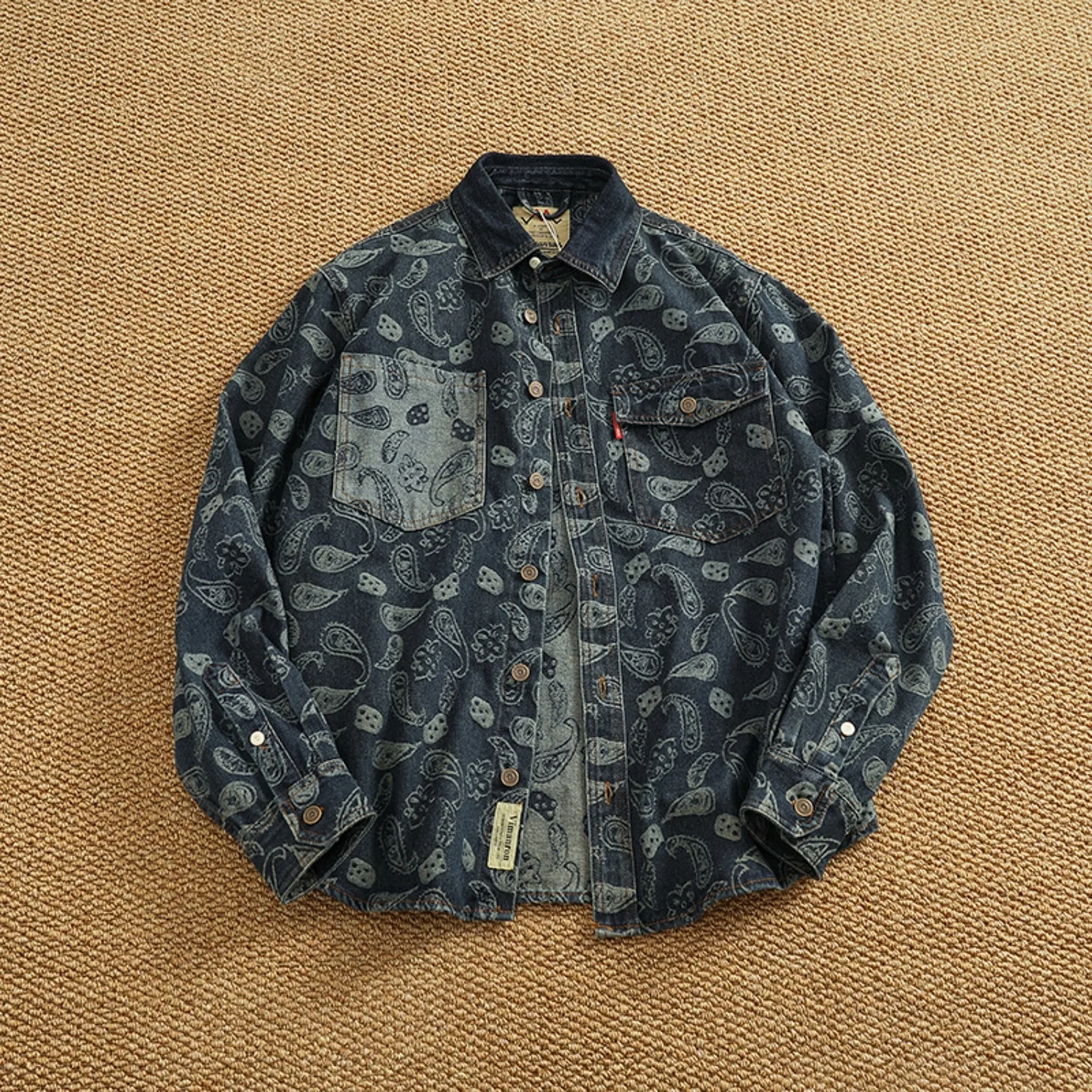 Heavy chunky cargo denim shirt jacket Men's high street chic vintage cashew flower baggy lapel long-sleeved shirt