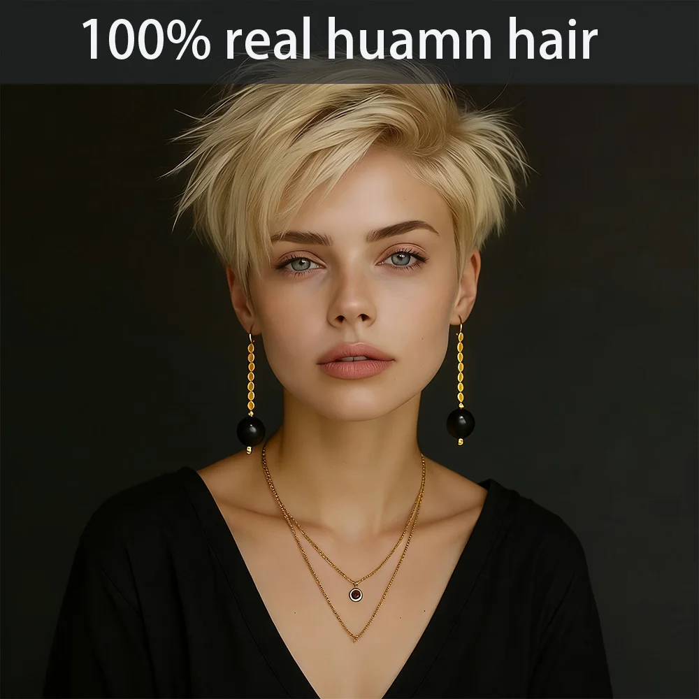 

Женские парики: короткие золотистые волосы, модный короткий женский блонд-парик, прямой парик из натуральных человеческих волос, машинная работа, для повседневной носки