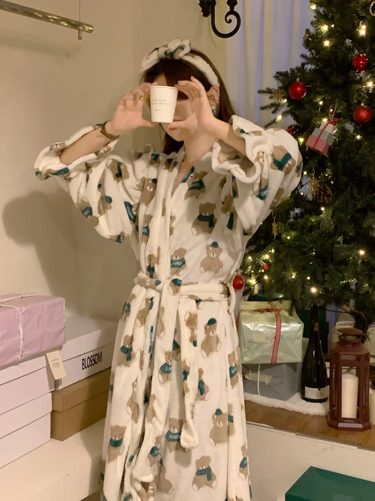 Print Bear Fuzzy Cartoon Thicken Winter Korean Style Long Nightgown Sweet Including Headband Loose Comfortable Casual Sleepwear