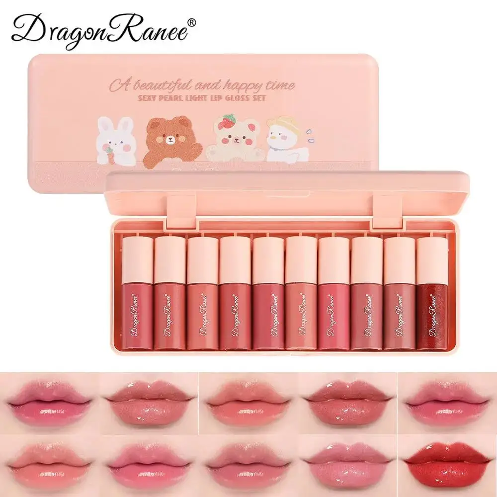 Dragon Ranee-Juego de brillo de labios, 10 colores, resistente al agua, larga duración, acabado de espejo, esmalte de labios, lápiz labial líquido hidratante no pegajoso