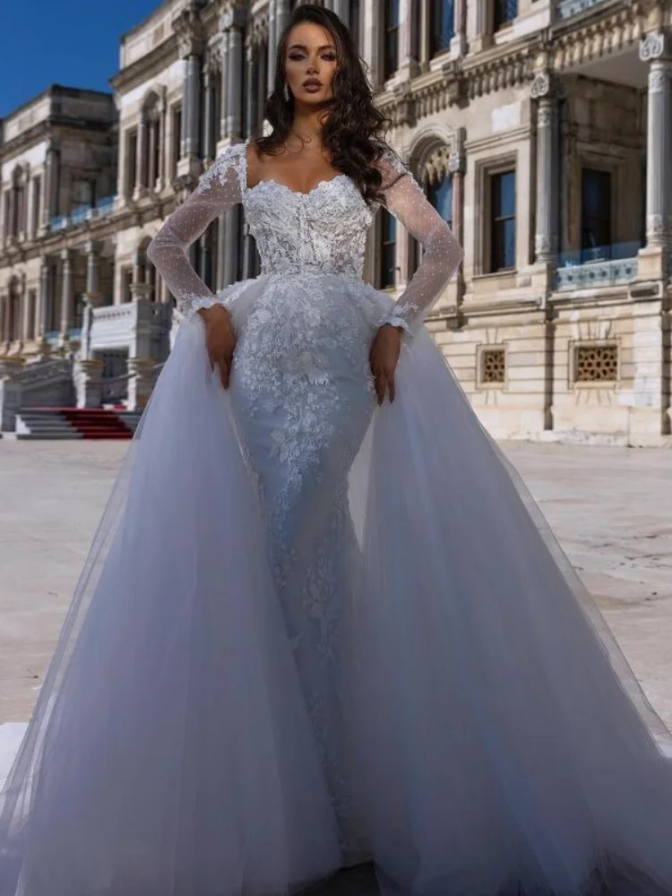 Custom Elegant Mermaid Wedding Dress 2026 Luxury Lace Appliqué Bridal Gown with Detachable Overskirt Plus Size Vestido De Novia