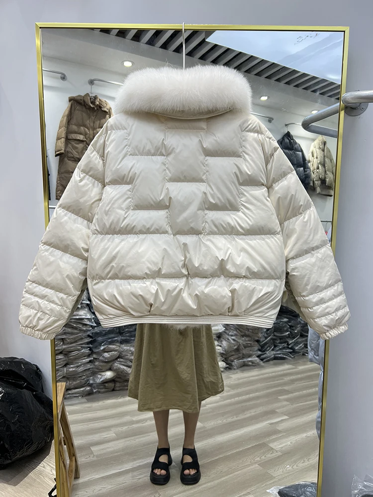 2022 Real Fox Fur Collar Winter Women 90%White Duck Down Jacket Ladies Short Warm Puffer Coat Female Loose Vintage Down Parka