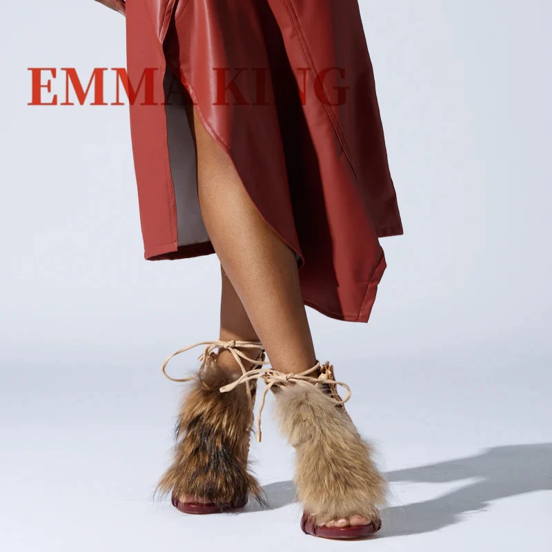 المفتوحة تو Strappy الفراء المرأة الصنادل التطريز تصميم عودة البريدي صنادل عالية الكعب الصيف موضة الكاحل عالية رمح المدرج الصنادل