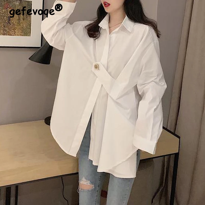 Women Trendy Simple Streetwear Harajuku Y2K Shirts Spring Autumn Casual Irregular Design Oversize Blouses Solid Long Sleeve Tops