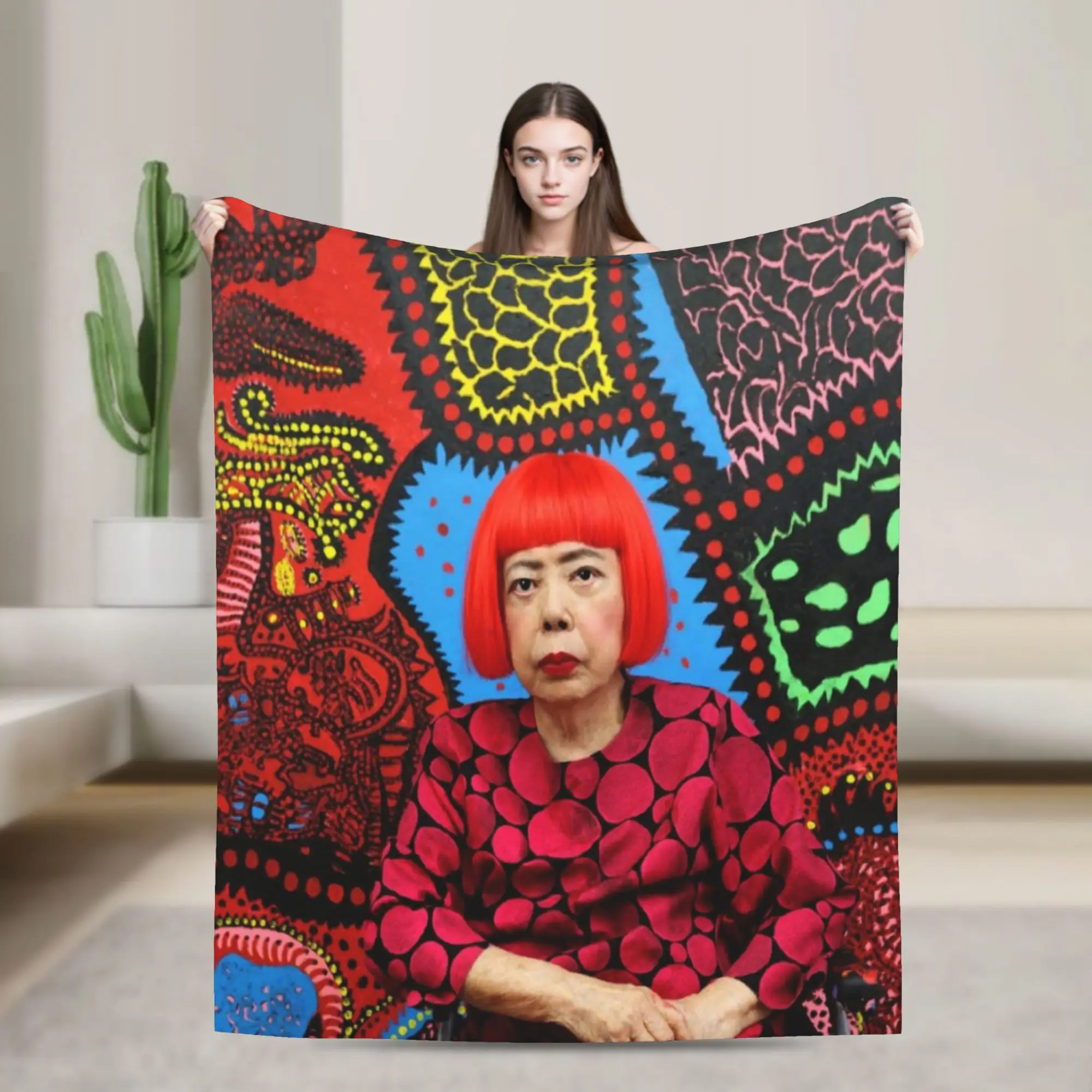 Yayoi Kusama Aesthetic Knitted Blanket Flannel Polka Pop Lightweight Thin Throw Blanket for Outdoor Travel Bed Rug