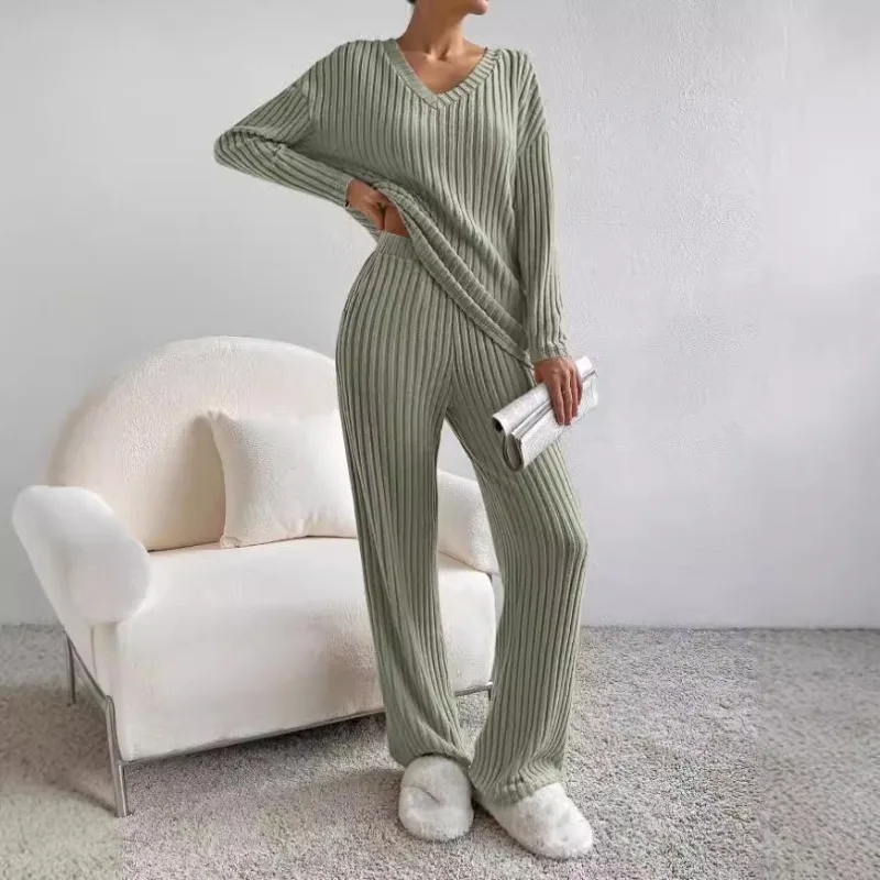 Women\'s Casual Knit V-Neck Long Sleeve Loungewear Set Solid Color Pajama Sets Home Casual Clothing Sleepwear