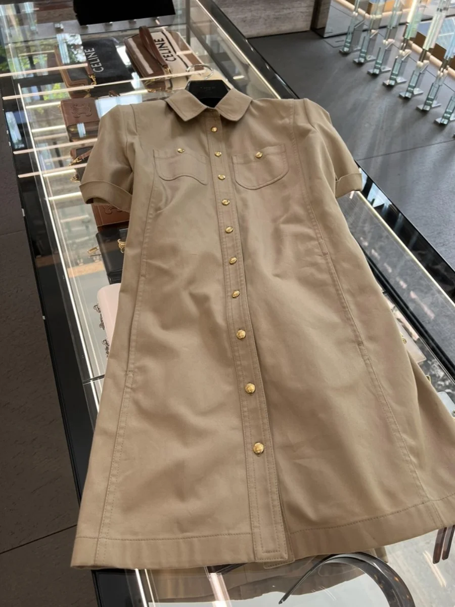 

Khaki Collar Dress Women's Casual Summer Workwear Skirt Loose Fit Cotton City Walk Single Button Short Sleeve Dress