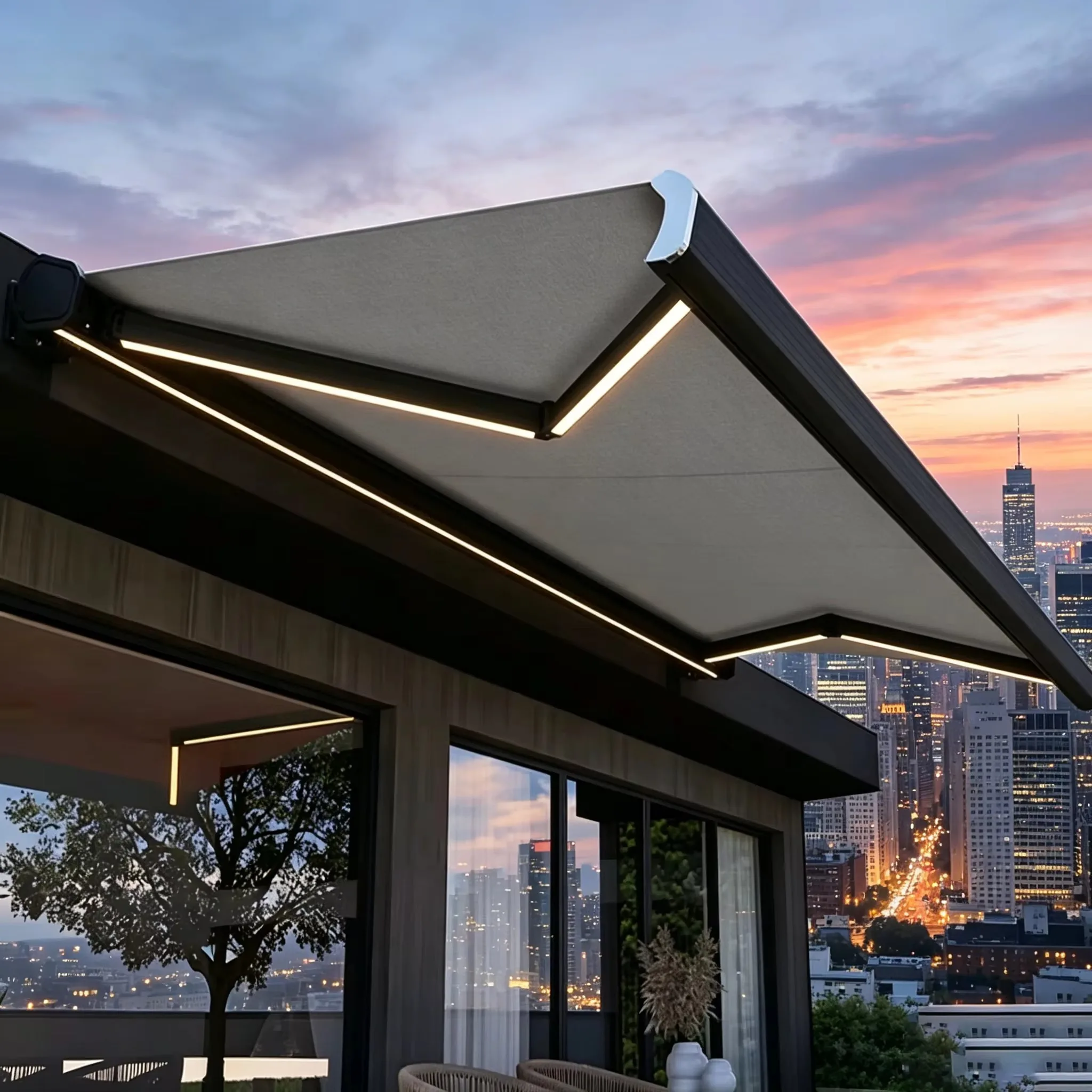 Remote Controlled Retractable Awning Outdoor Full Cassette Awning Canopy Folding Arm with Led Lights