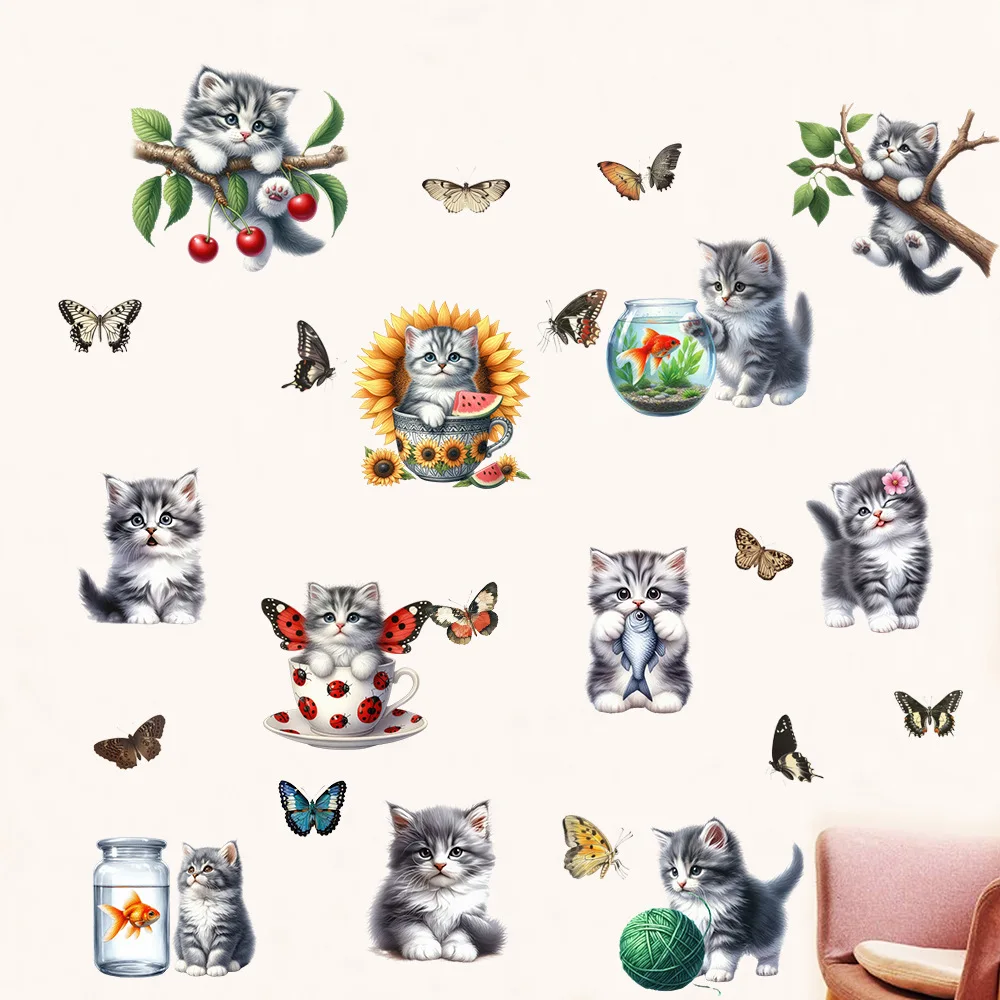 

Cat Butterfly Self-adhesive Waterproof Wall Sticker, Living Room Bedroom Home Decoration Sticker