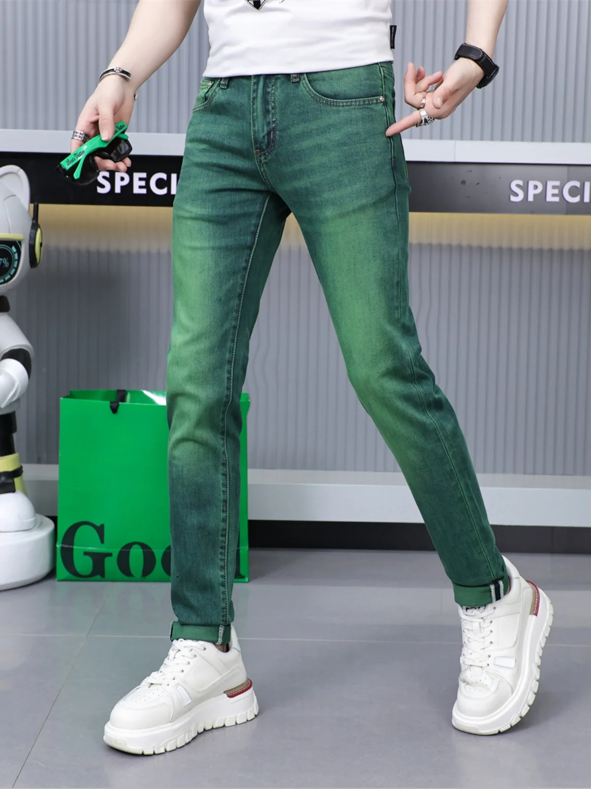 

Retro Distred Stretchy Slim Fit Jeans Men's Trendy Brand Casual Wear Spring New Sle Cotton Elastic Long Pants