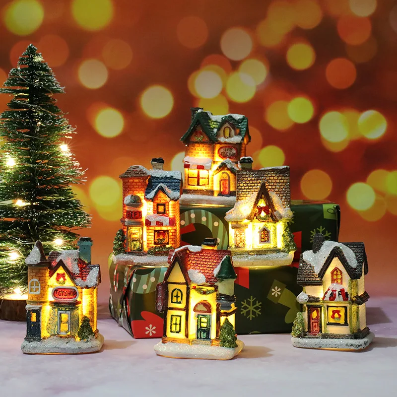 

Christmas Decoration House LED Light Xmas Ornaments Small Resin Mini House Miniature Village Building For Home Kids Gifts