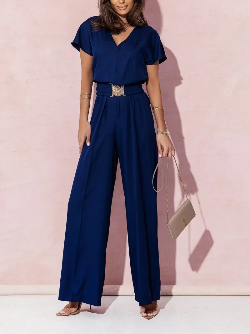 Women's Spring/Summer Leisure Solid Color Jumpsuit Women's Fashion V-neck Belt Short Sleeve Jumpsuit