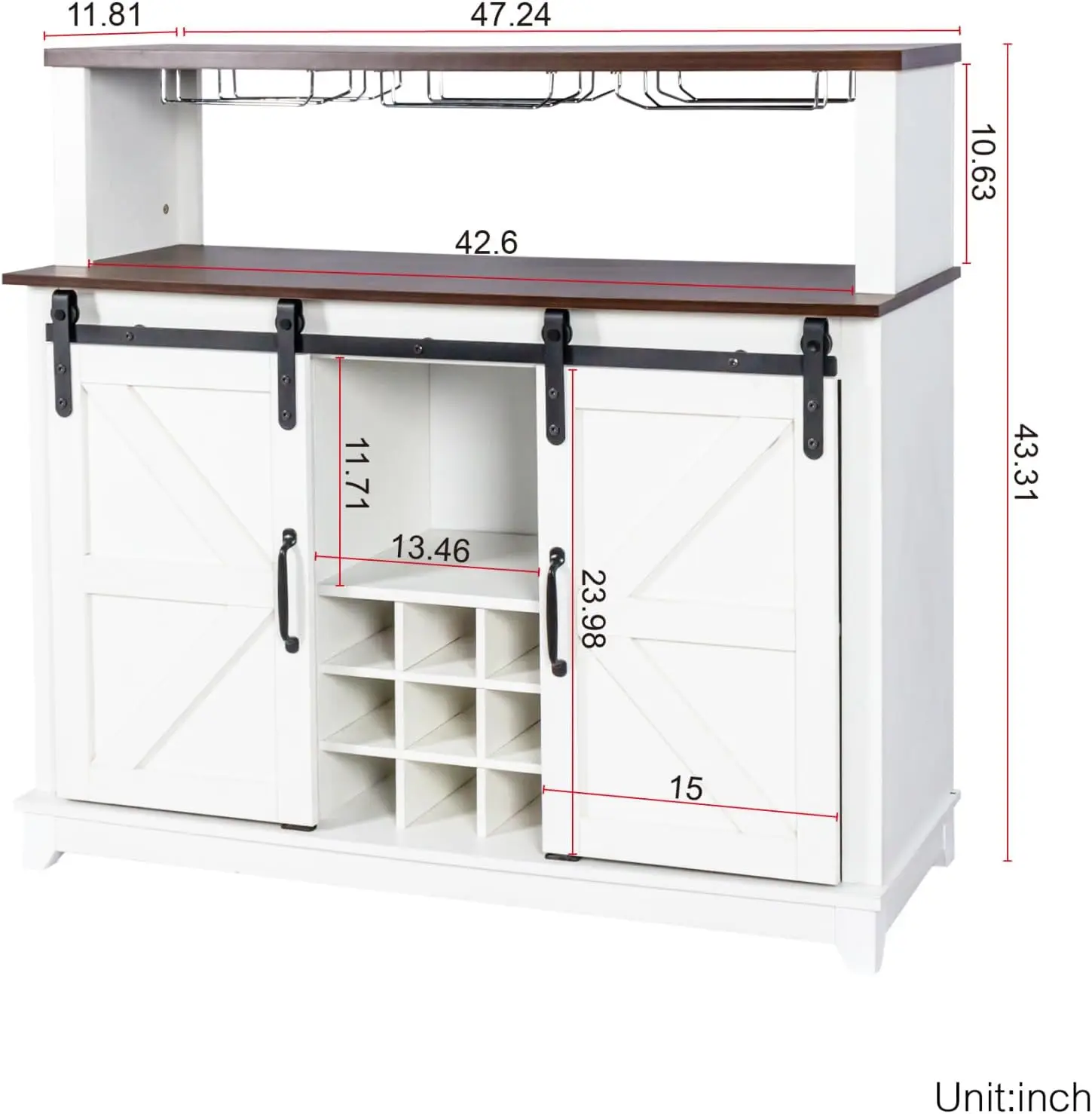 Armoire à vin avec porte de grange market, Armoires de planche de ferme avec bouteille de vin, Armoire de bar de rangement, 47 po, T1