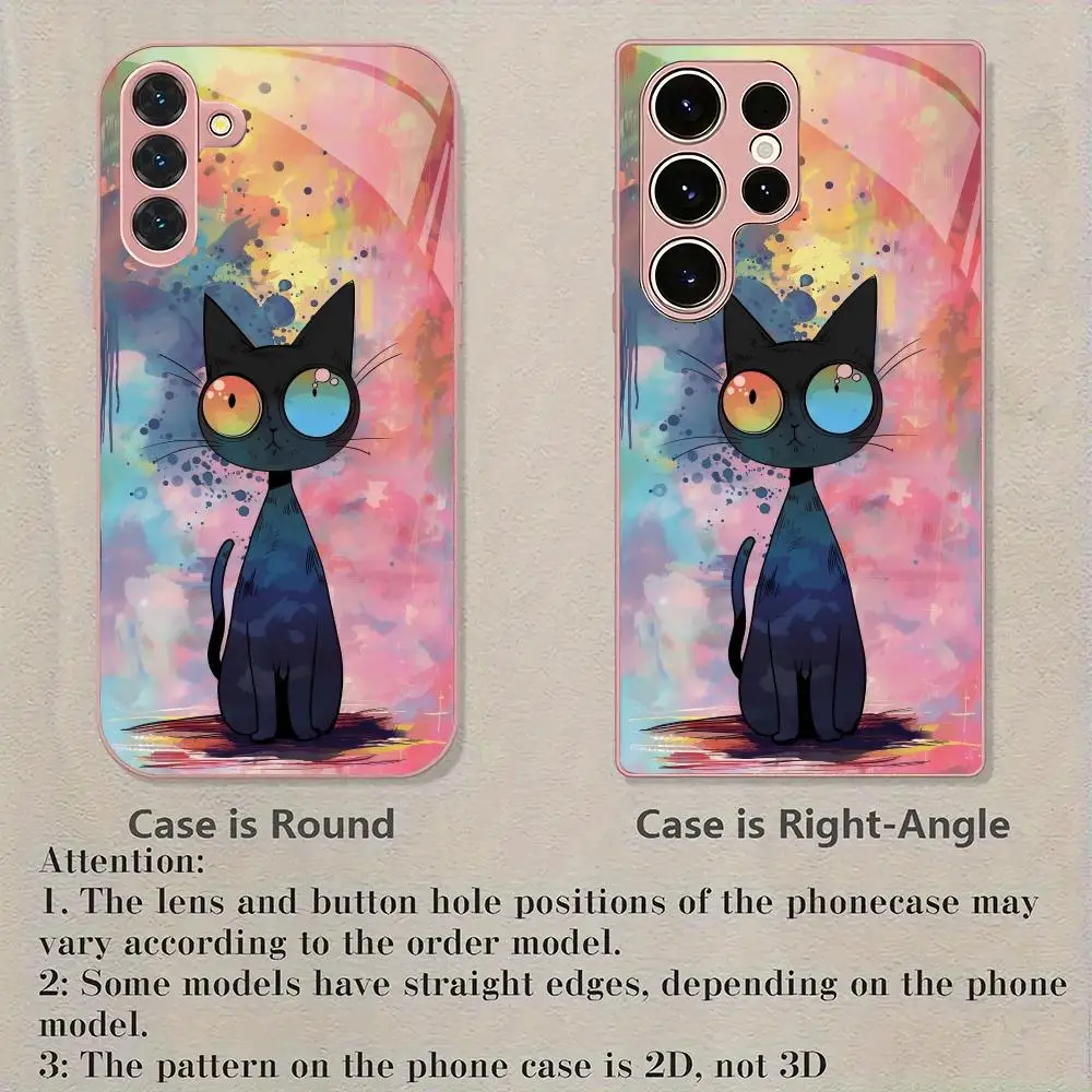 Pink cat electroplated glass phone case suitable for Samsung Galaxy S26 S25 S24 S23 S22 S20 FE/Ultra/Plus anti drop back cover
