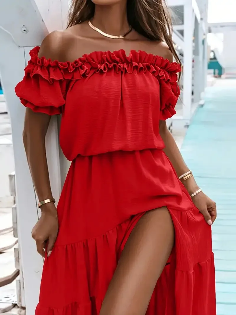 Moda cor sólida renda sem costas cintura vestido de manga curta feminino 2025 verão elegante vestido de fenda lateral de um comprimento para mulher